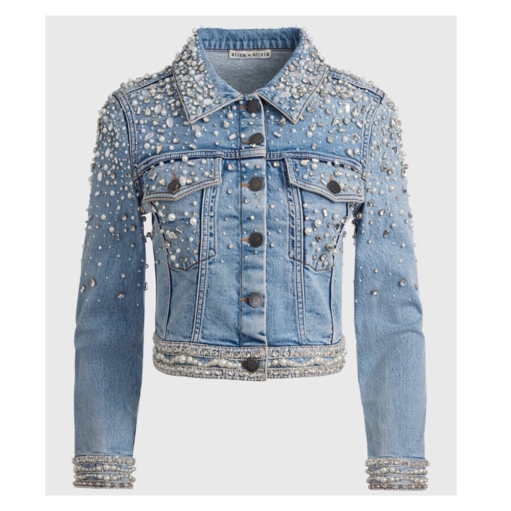 Alice & Olivia Nelson Crystal & Pearl Embellished Denim Jacket NEW!